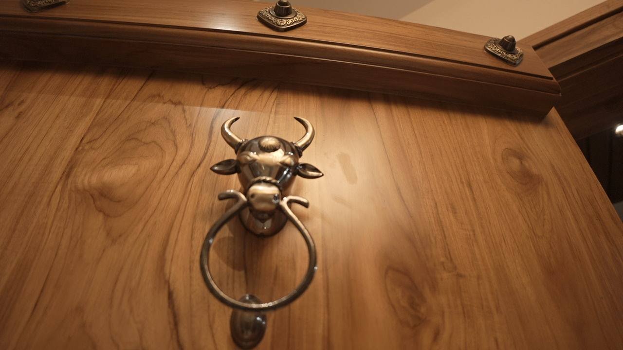 Brass Nandi door knocker on the teak main door
